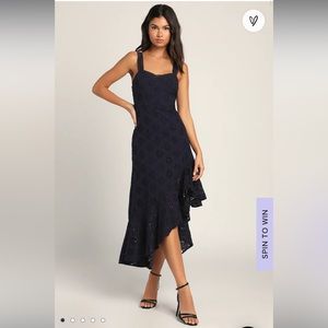 NWT Navy Blue Eyelet Ruffled Asymmetrical Dress